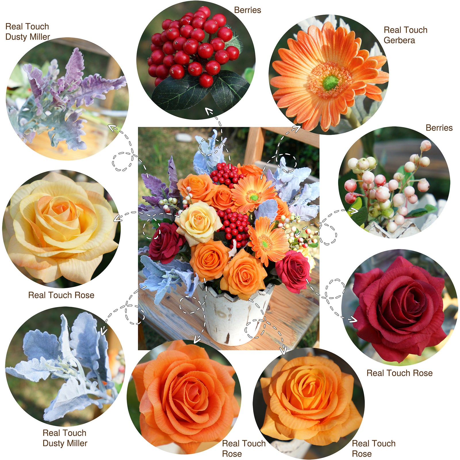 26 PCS DIY Set Real Touch Mix Roses Gerberas Berries Artificial Flower –  FiveSeasonStuff