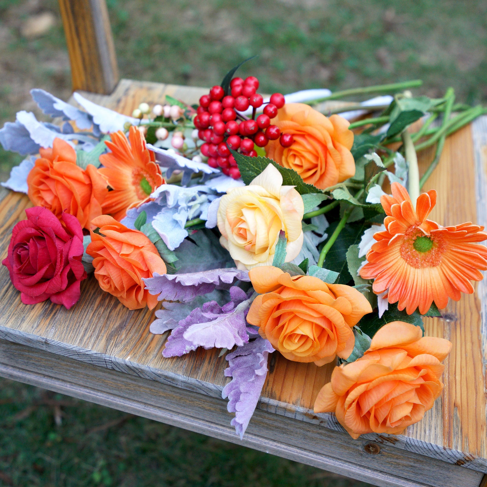 26 PCS DIY Set Real Touch Mix Roses Gerberas Berries Artificial Flowers Arrangement Silk Bouquet for Gift Home Wedding Bridal FiveSeasonStuff