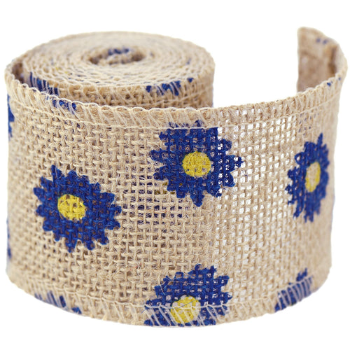 FiveSeasonStuff Natural Burlap Ribbon, Hessian Jute Ribbon Twine Roll, for Gift Wrap Packaging, Wedding Décor, Home Party Art Craft DIY Decoration (Blue and Yellow Flowers)