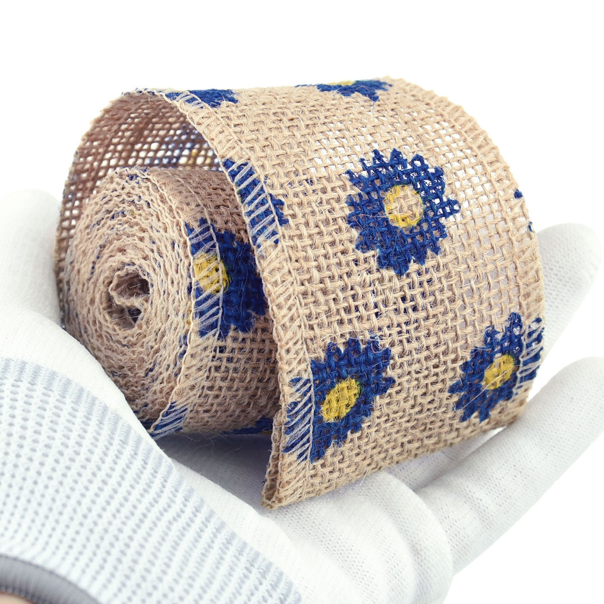 FiveSeasonStuff Natural Burlap Ribbon, Hessian Jute Ribbon Twine Roll, for Gift Wrap Packaging, Wedding Décor, Home Party Art Craft DIY Decoration (Blue and Yellow Flowers)
