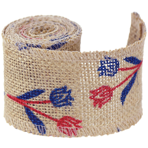 FiveSeasonStuff Natural Burlap Ribbon, Hessian Jute Ribbon Twine Roll, for Gift Wrap Packaging, Wedding Décor, Home Party Art Craft DIY Decoration (Blue & Red Flowers)