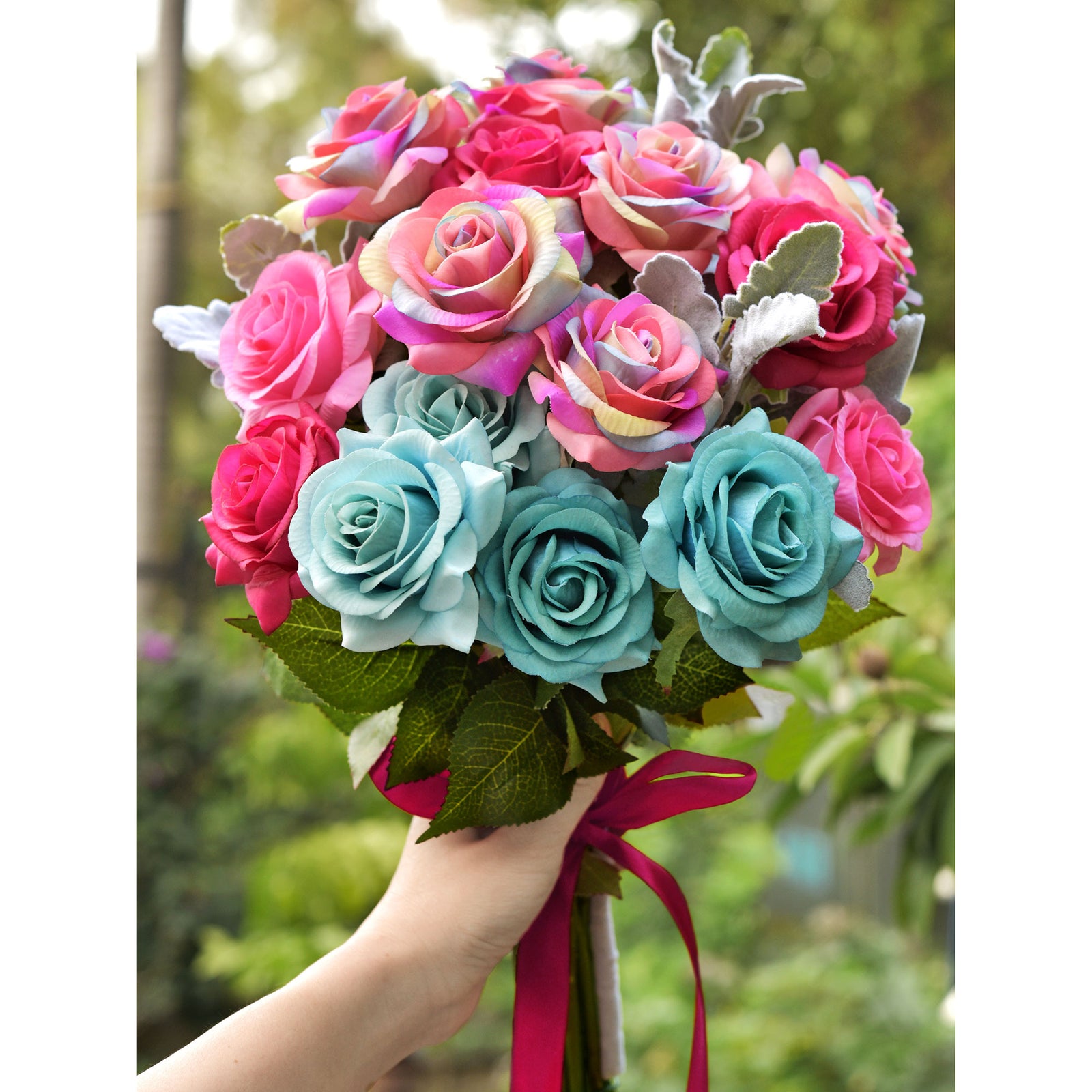 23 PCS DIY Set Real Touch Mix Rainbow & Blue Roses Artificial Flowers Arrangement Silk Bouquet for Gift Home Wedding Bridal FiveSeasonStuff