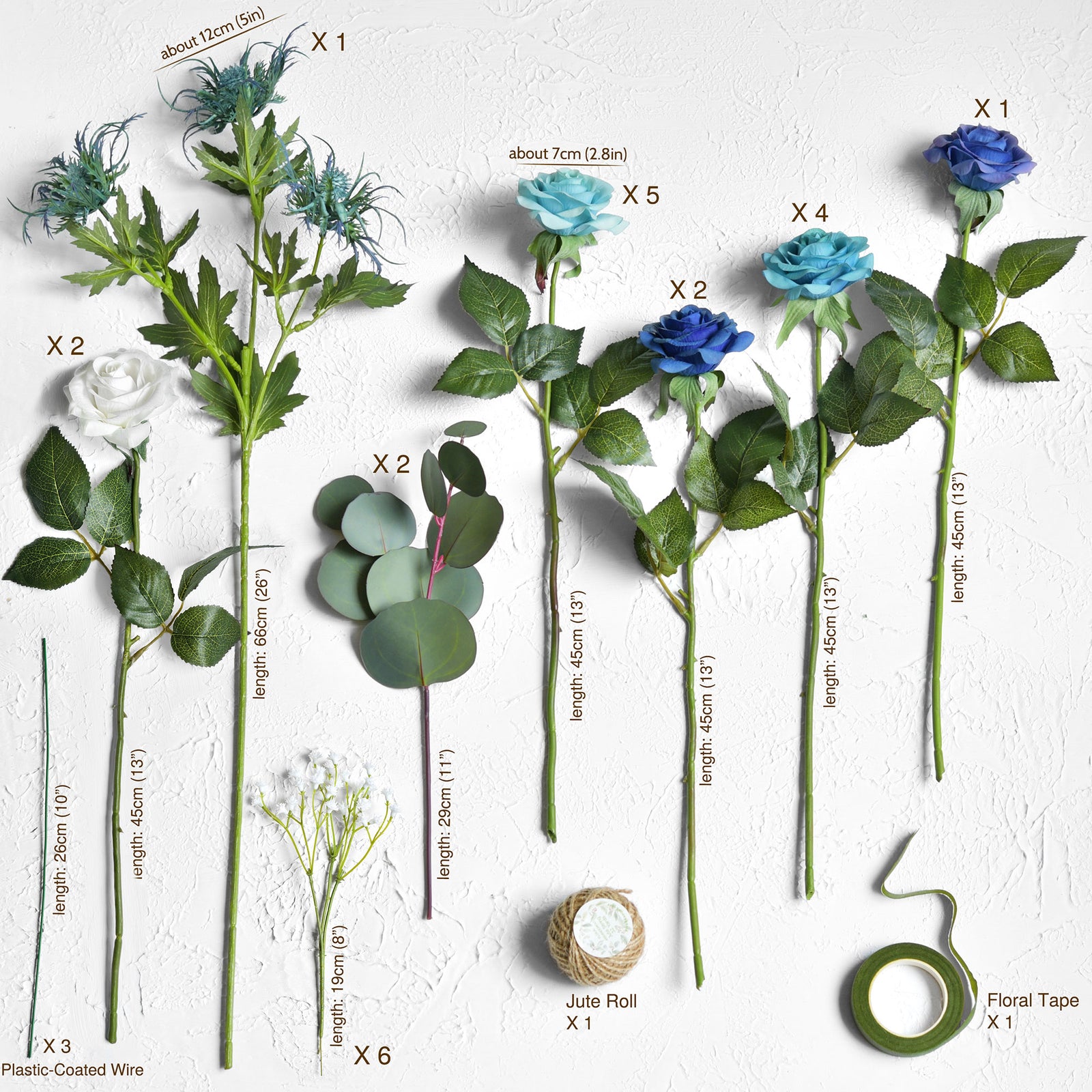 28 PCS DIY Set (POSH BLUE) Real Touch Mix Blue Roses Sea Holly Thistle –  FiveSeasonStuff