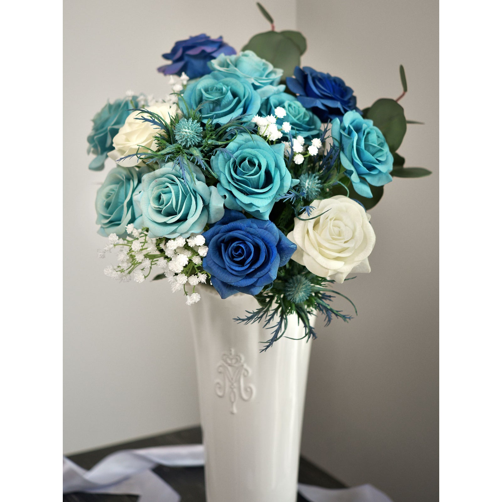 28 PCS DIY Set (POSH BLUE) Real Touch Mix Blue Roses Sea Holly Thistle Artificial Flowers Arrangement Silk Bouquet for Gift Home Wedding Bridal Corporate Gifts