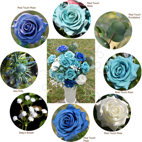 28 PCS DIY Set (POSH BLUE) Real Touch Mix Blue Roses Sea Holly Thistle Artificial Flowers Arrangement Silk Bouquet for Gift Home Wedding Bridal Corporate Gifts