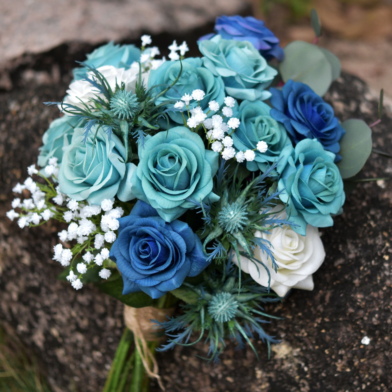 28 PCS DIY Set (POSH BLUE) Real Touch Mix Blue Roses Sea Holly Thistle Artificial Flowers Arrangement Silk Bouquet for Gift Home Wedding Bridal Corporate Gifts