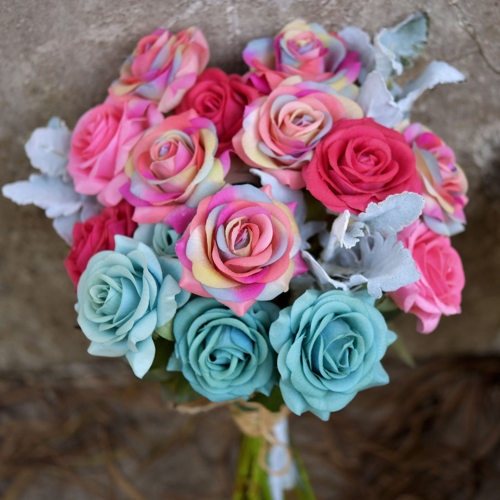 23 PCS DIY Set Real Touch Mix Rainbow & Blue Roses Artificial Flowers Arrangement Silk Bouquet for Gift Home Wedding Bridal FiveSeasonStuff