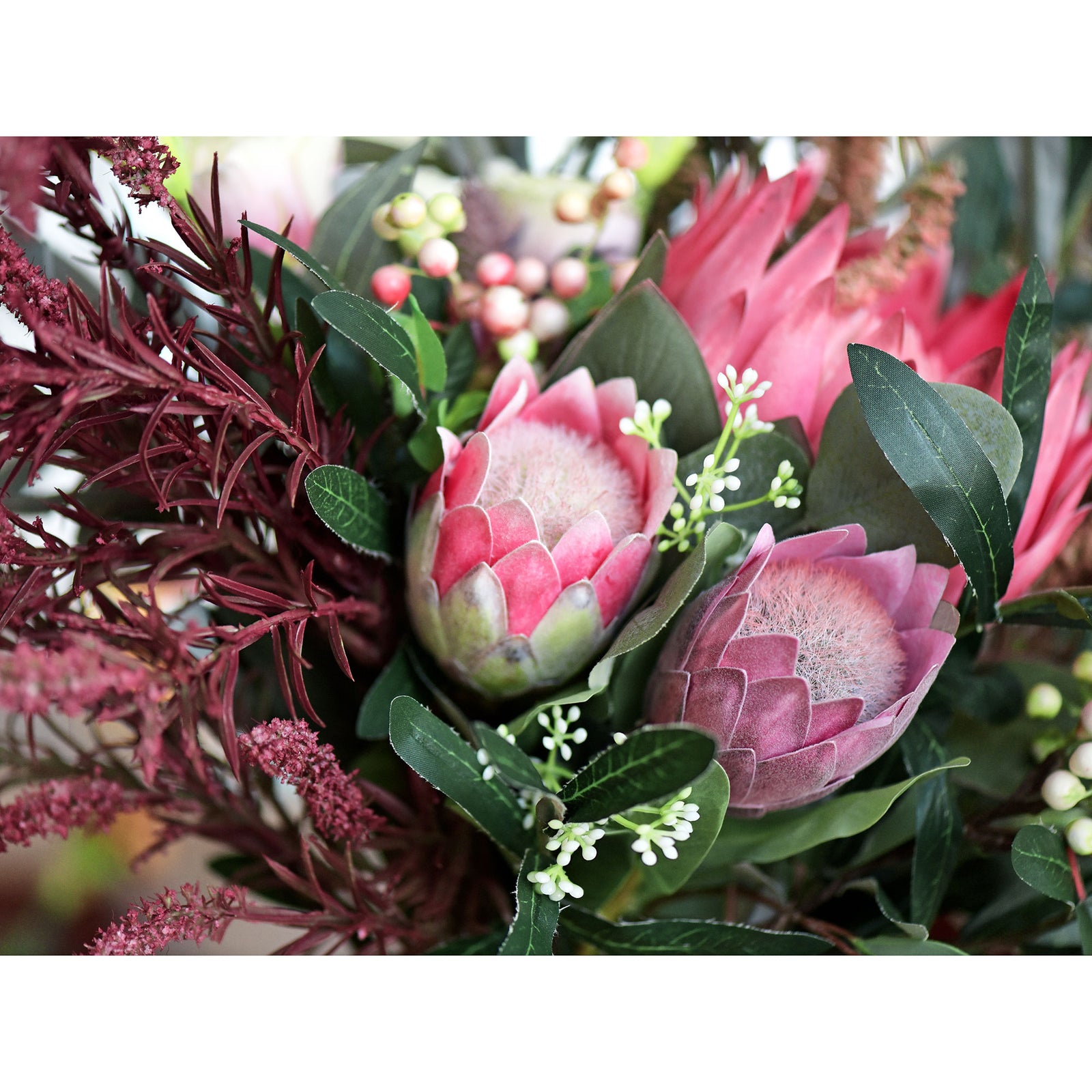 Dusty Rose Pink Sugarbush Baby Protea Silk Artificial Tropical Flowers 6 Stems 18.9 inches Tall