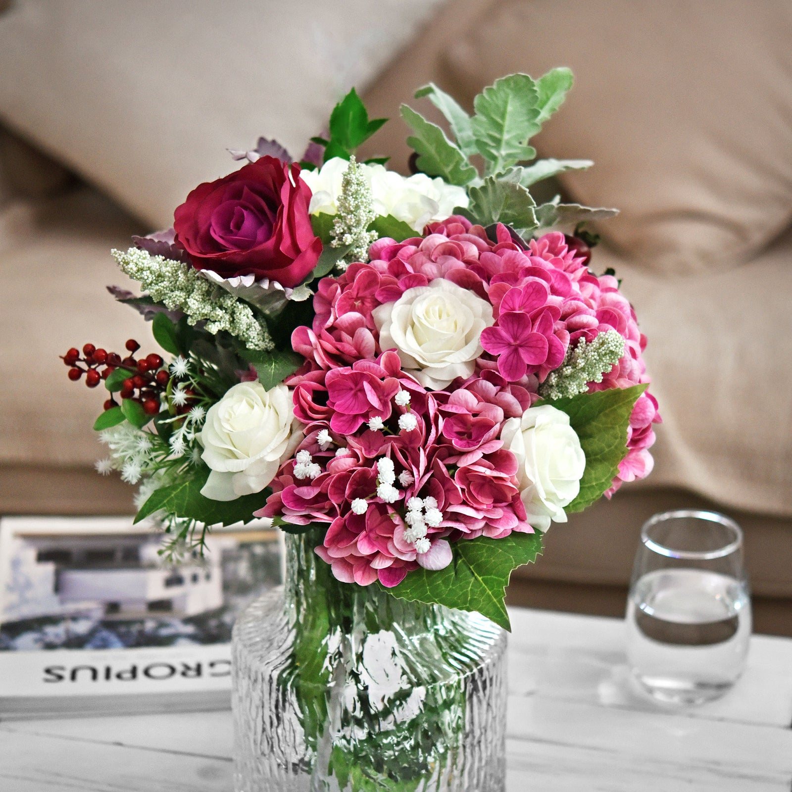 FiveSeasonStuff 2 Stems Real Touch Petals and Leaves Artificial Hydrangea Flowers Long Stem Floral Arrangement (Magenta Pink)