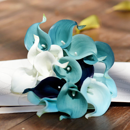 FiveSeasonStuff 15 Stems Real Touch (Posh Blue Mix) Calla Lilies Artificial Flower Bouquet, Wedding, Bridal, Party, Home Décor DIY