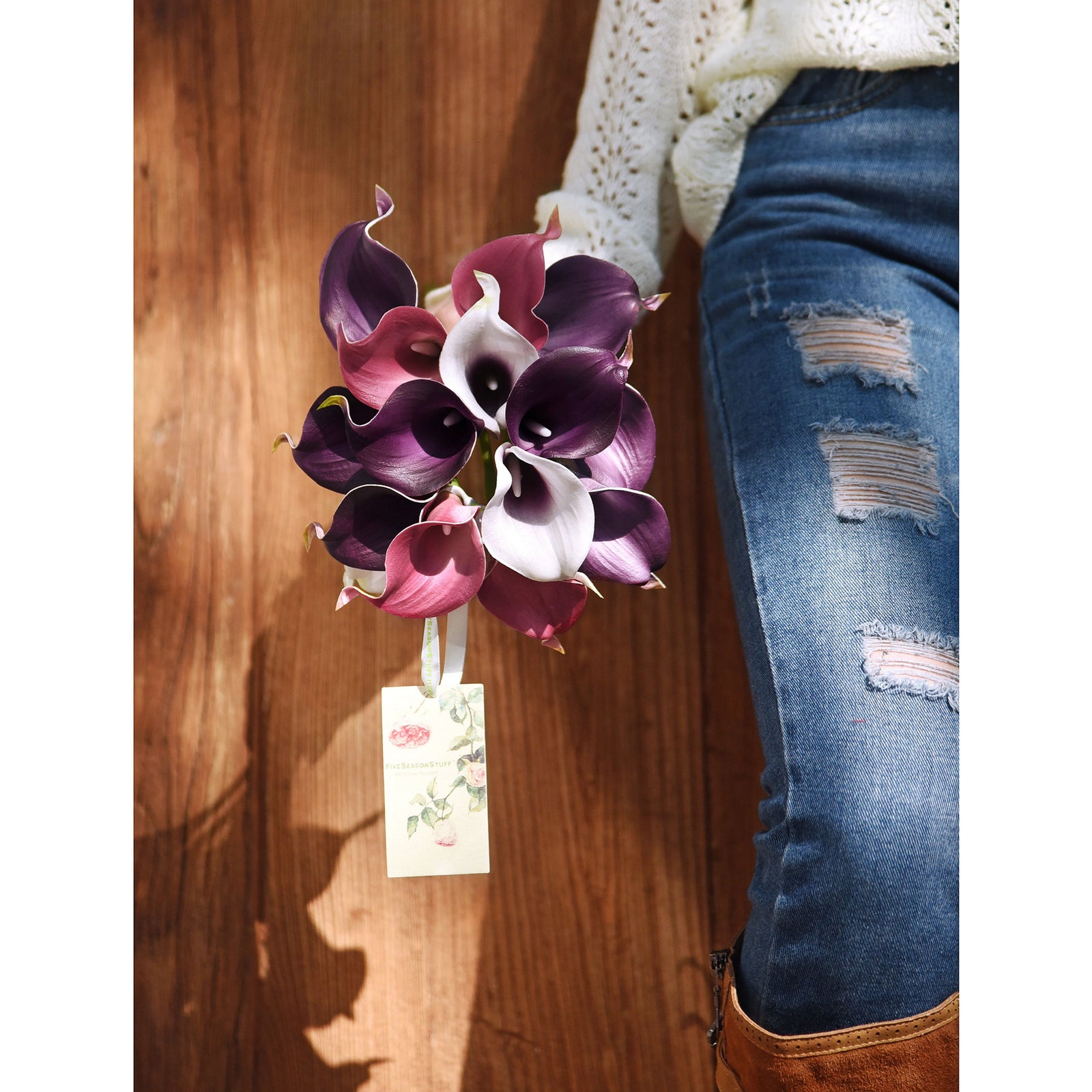 FiveSeasonStuff 15 Stems Real Touch (Joyful Purple Mix) Calla Lilies Artificial Flower Bouquet, Wedding, Bridal, Party, Home Décor DIY