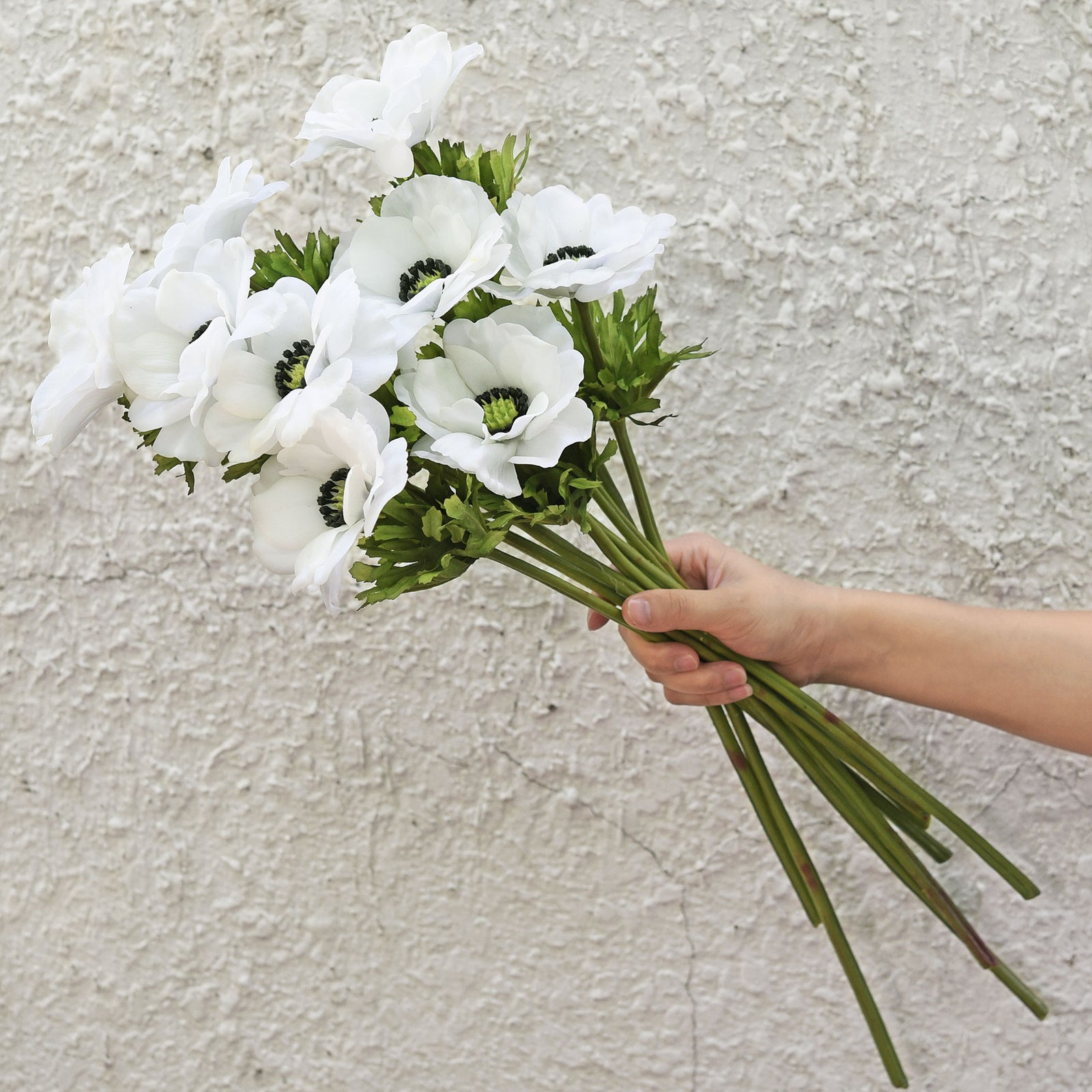 9 Long Stems of ‘Real Touch’ (White) Artificial Anemone Silk Flowers with Leaves 48cm (18.9 inches)