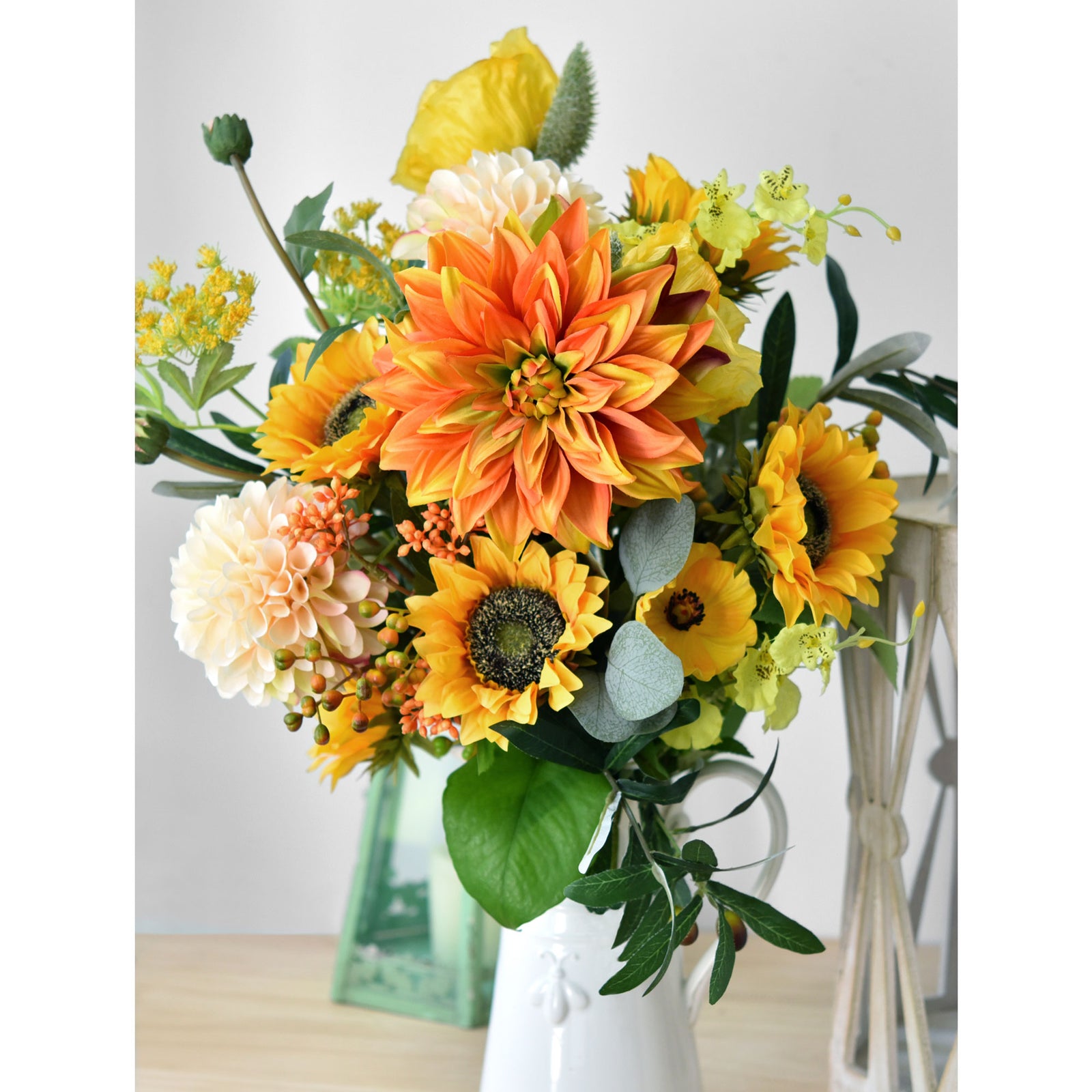 FiveSeasonStuff Artificial Flowers Dahlia Silk Flowers for Outdoors Indoors and Tall Vases (Amber Yellow Autumn Orange)