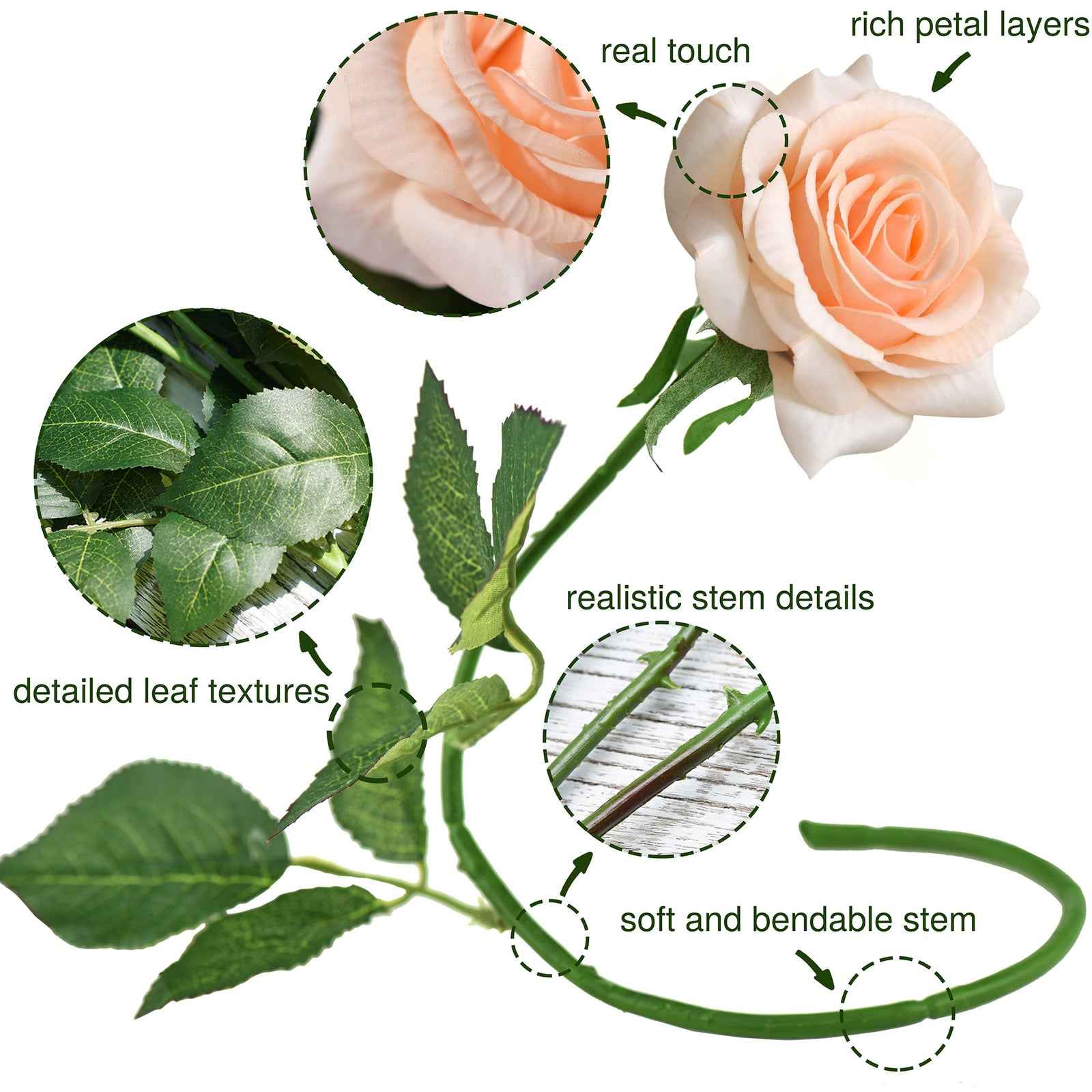 Apricot Pink Real Touch Roses Silk Artificial Flowers ‘Petals Feel and Look like Fresh Roses' 10 Stems