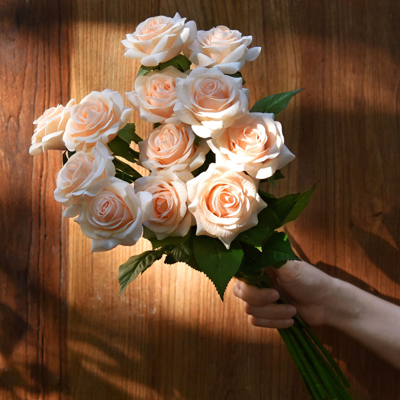 Apricot Pink Real Touch Roses Silk Artificial Flowers ‘Petals Feel and Look like Fresh Roses' 10 Stems