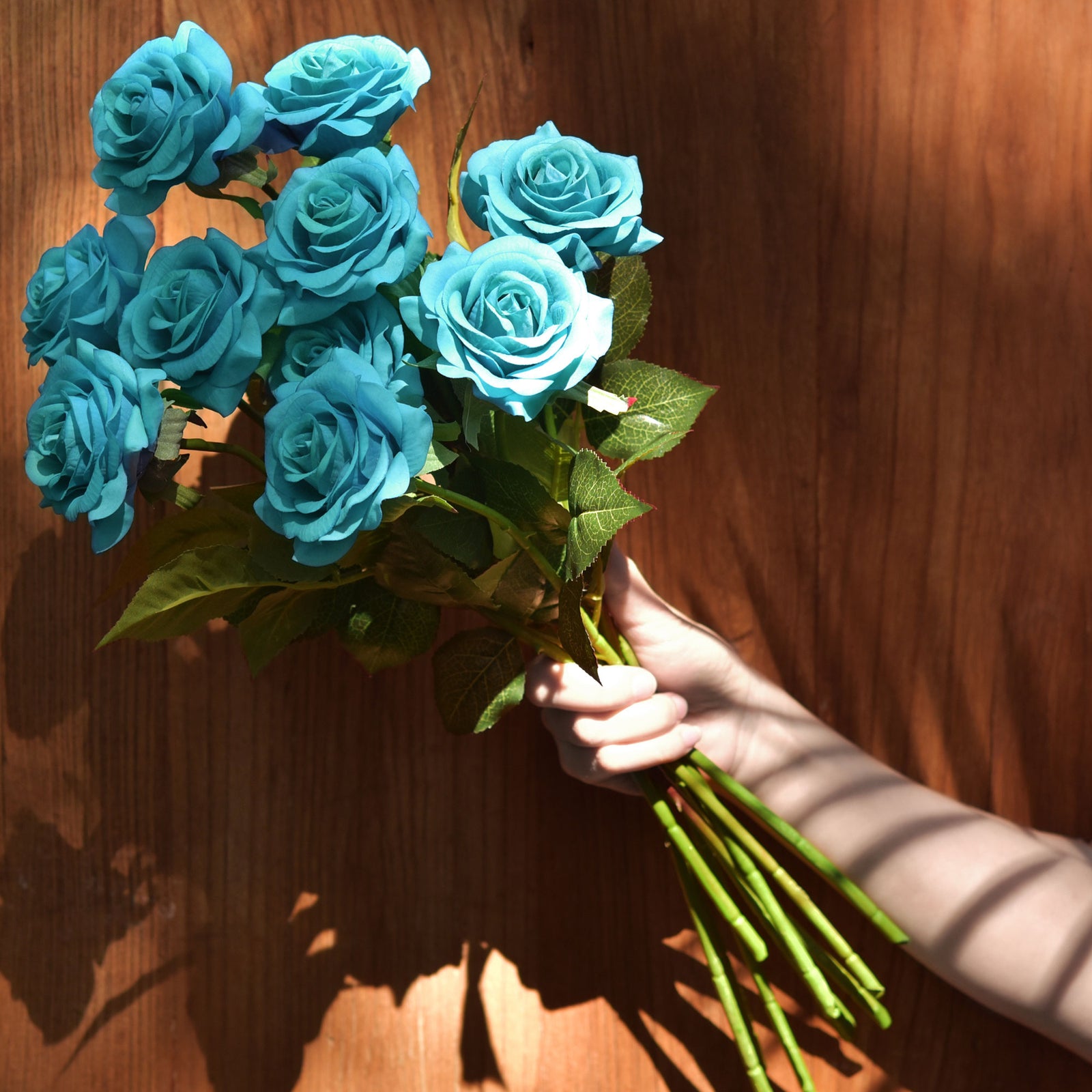 Real Touch 10 Stems Teal Silk Artificial Roses Flowers 'Petals