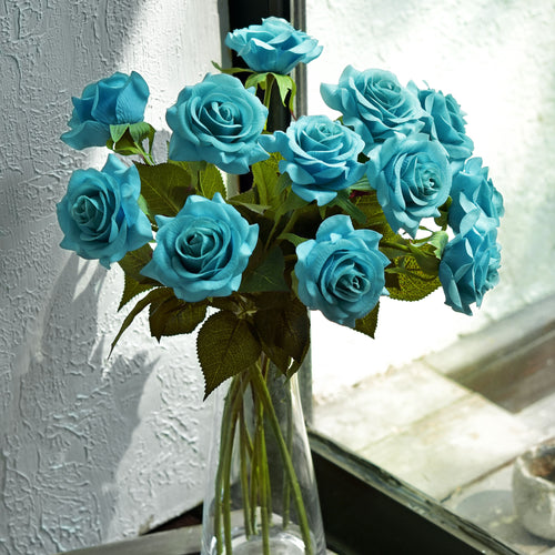 Real Touch 10 Stems Teal Silk Artificial Roses Flowers ‘Petals Feel and Look like Fresh Roses'