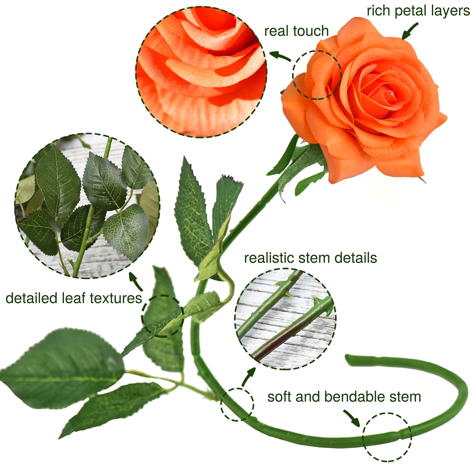 Tangerine Orange Real Touch Roses Silk Artificial Flowers ‘Petals Feel and Look like Fresh Roses' (10 Stems)