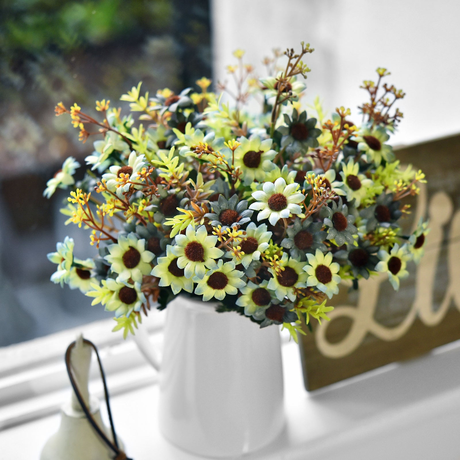 FiveSeasonStuff Daisy Silk Flowers, Outdoor Artificial Flowers Arrangement Decorations (4 Bundles,) 13 inches Tall (Yellow & Blue Rustic)