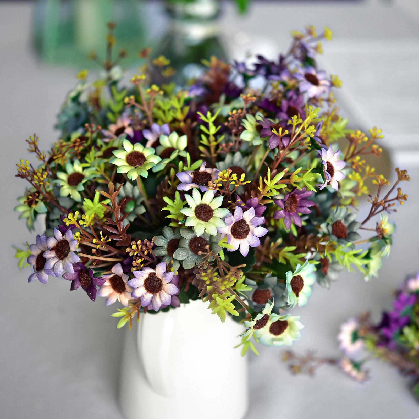 FiveSeasonStuff Daisy Silk Flowers, Outdoor Artificial Flowers Arrangement Decorations (4 Flower Bundles,) 13 inches Tall (Joyful Purple)