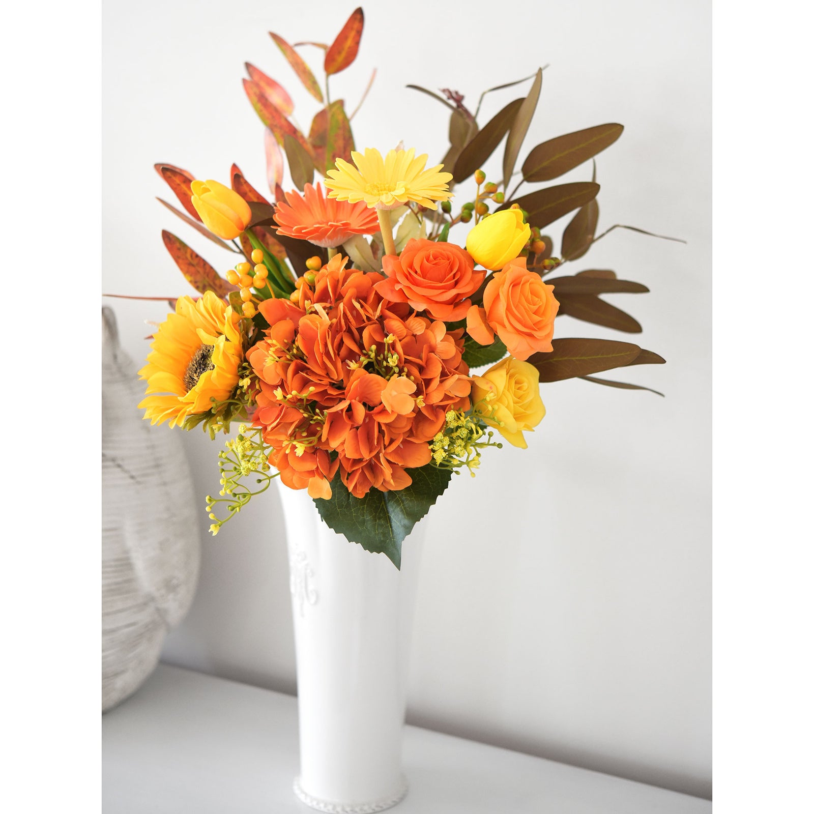 5 Stems Orange Artificial Silk Hydrangea Flowers