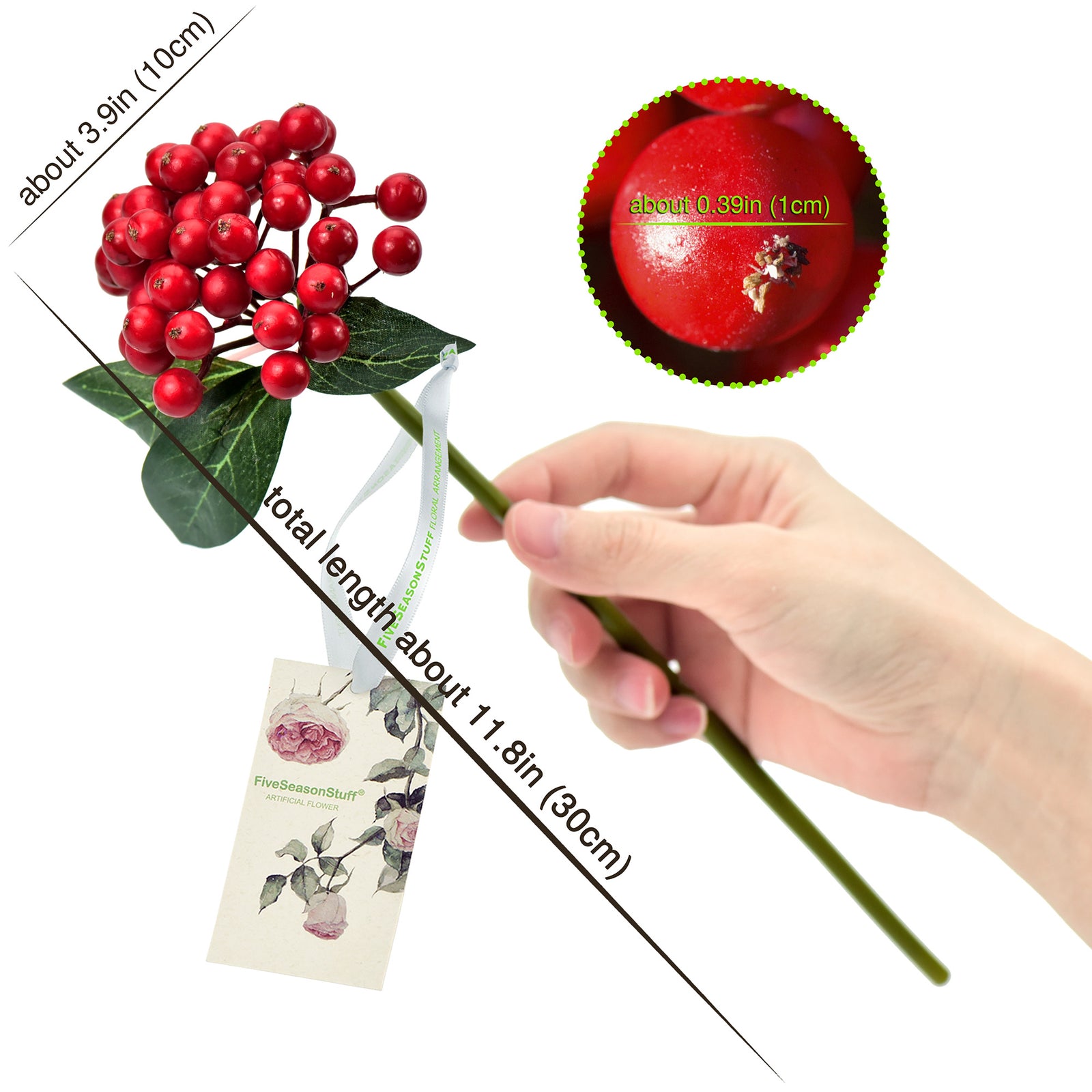 2 Berry Stems Artificial Fruit Holly Berries Decoration with Soft Bendable Stems for Vases, Bouquets and Floral Arrangements