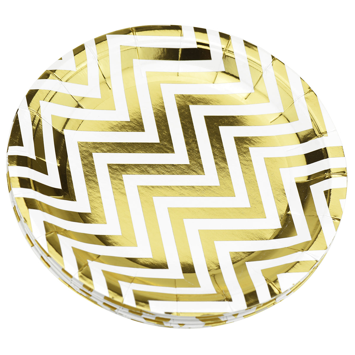 16 stacked large white and gold zigzag design round paper plates display with a white background