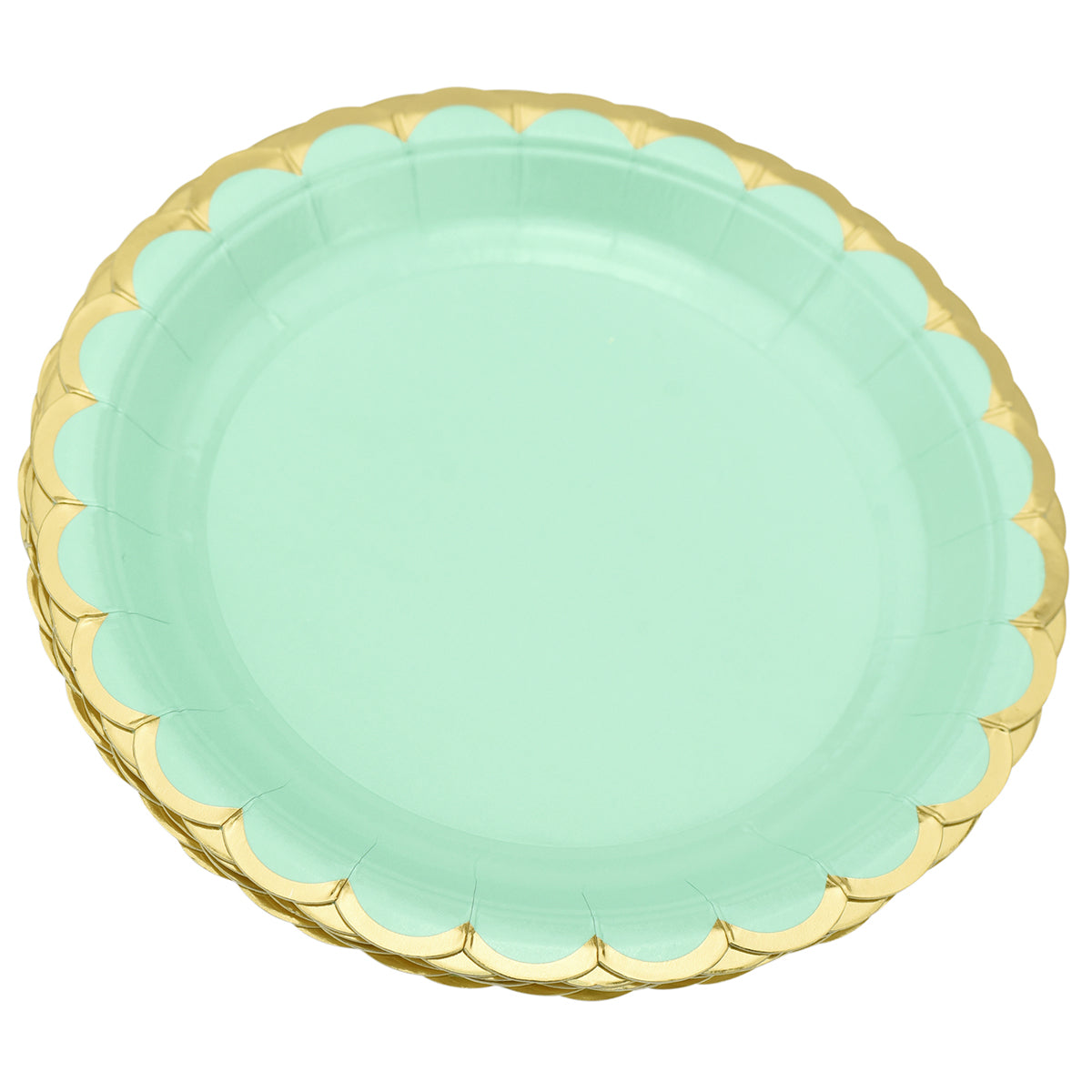 24 stacked mint green round paper plates with gold wavy edge display with a  white background 