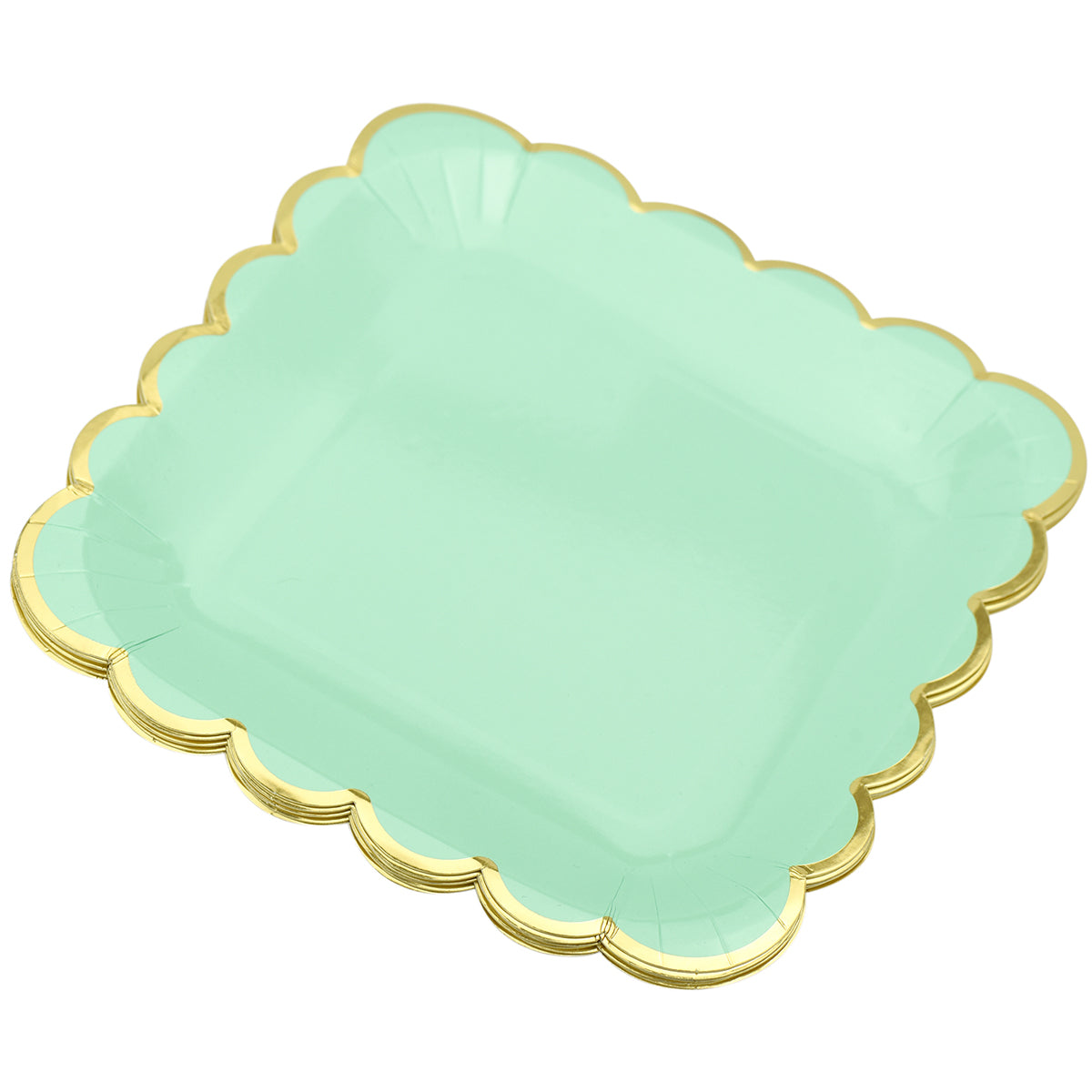 24 stacked gold wavy edge mint green square paper plates display in a white background 