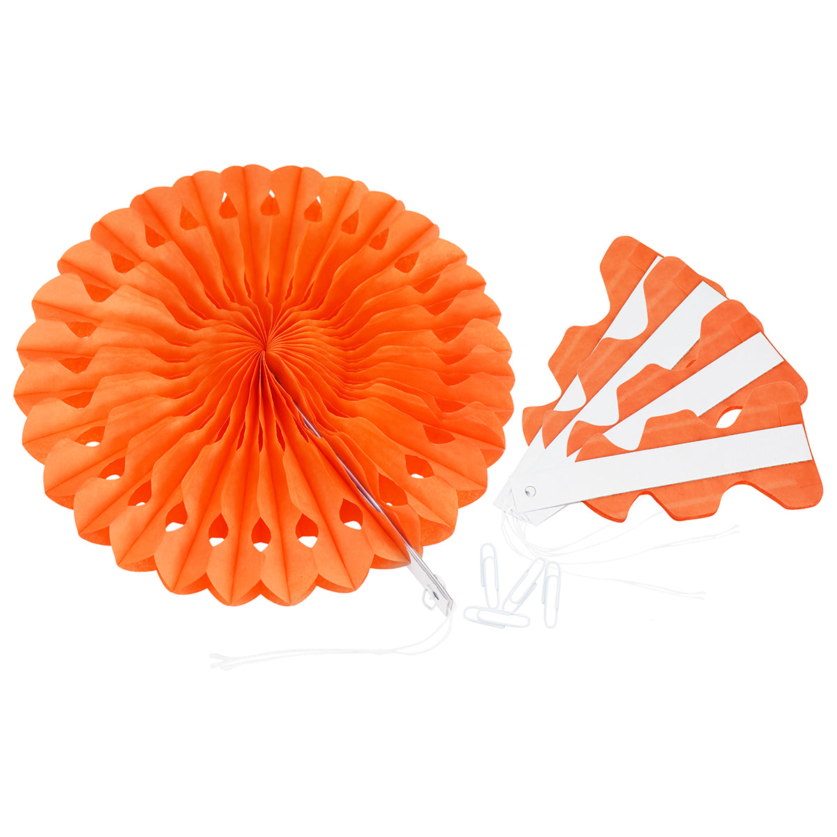 An unfolded orange paper rosette with four folded ones on the right side. The unfolded one looks like a fan shape.