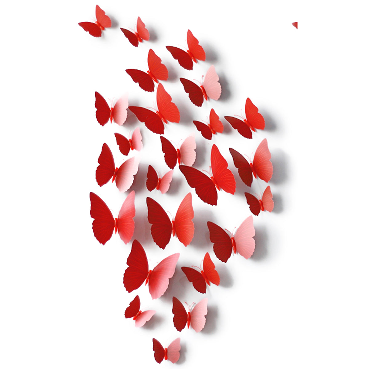 24 pieces different size red butterflies display with a white background. 
