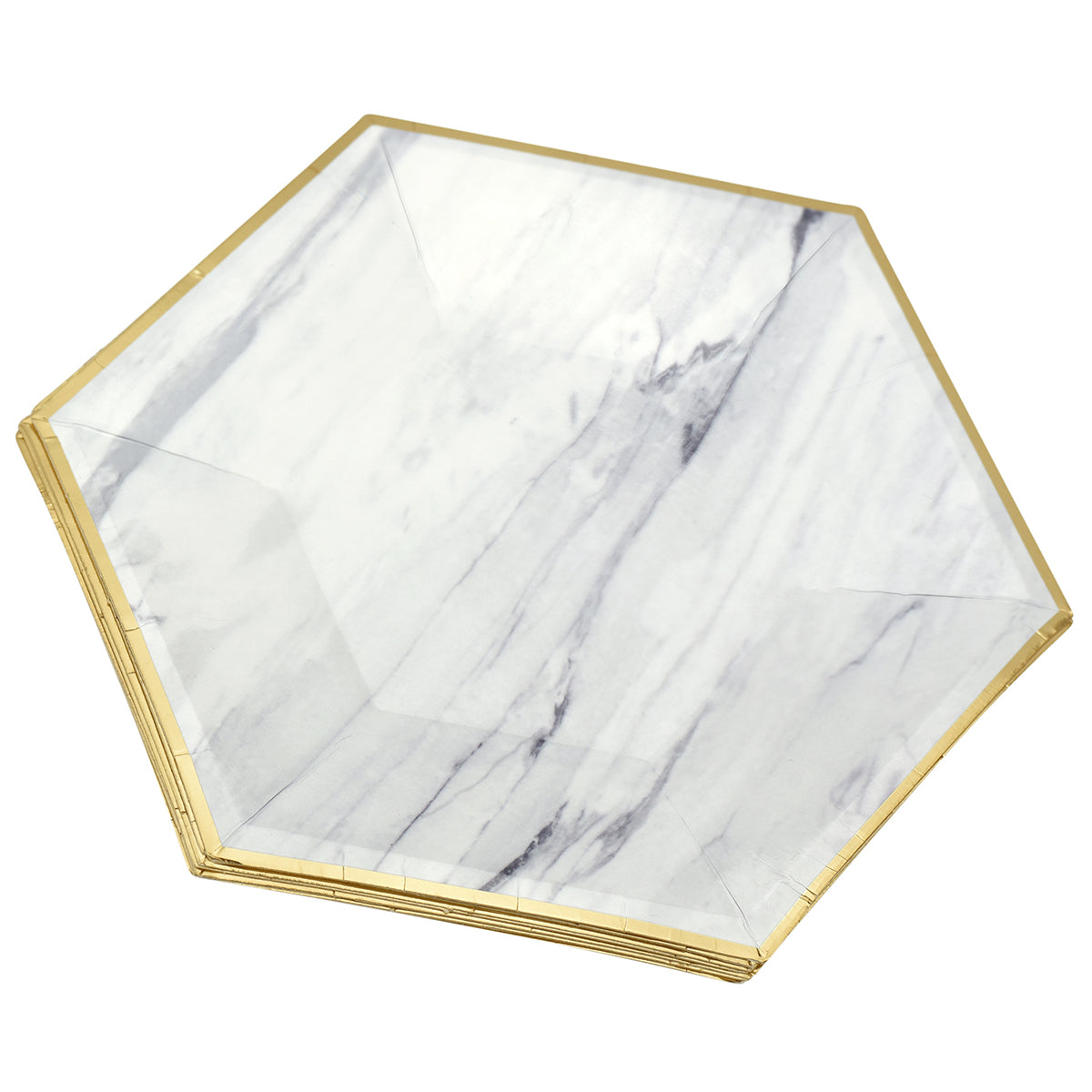 A hexagon paper plate with marble design