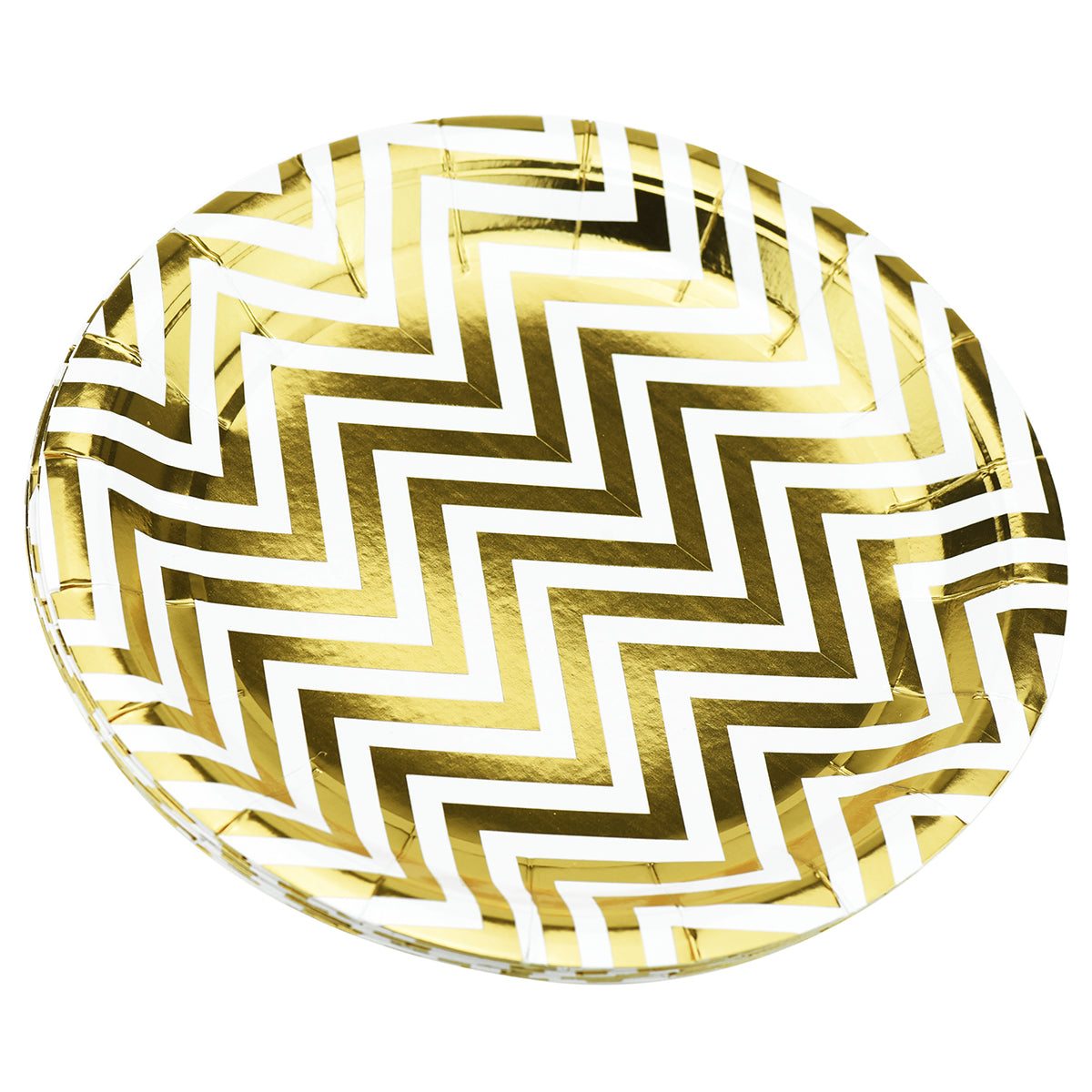 16 stacked gold and white zigzag designed round paper plates display with a white background