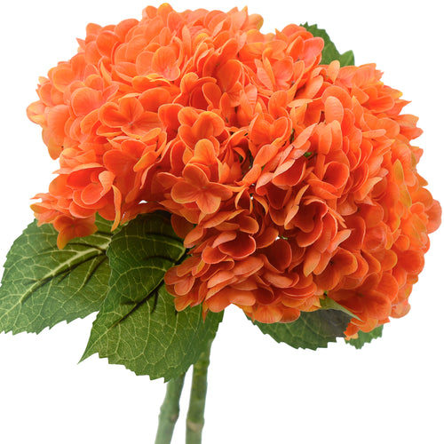 FiveSeasonStuff 2 Stems Real Touch Petals and Leaves Artificial Hydrangea Flowers Long Stem Floral Arrangement | for Wedding Bridal Party Home Décor DIY Floral Decoration (Orange)