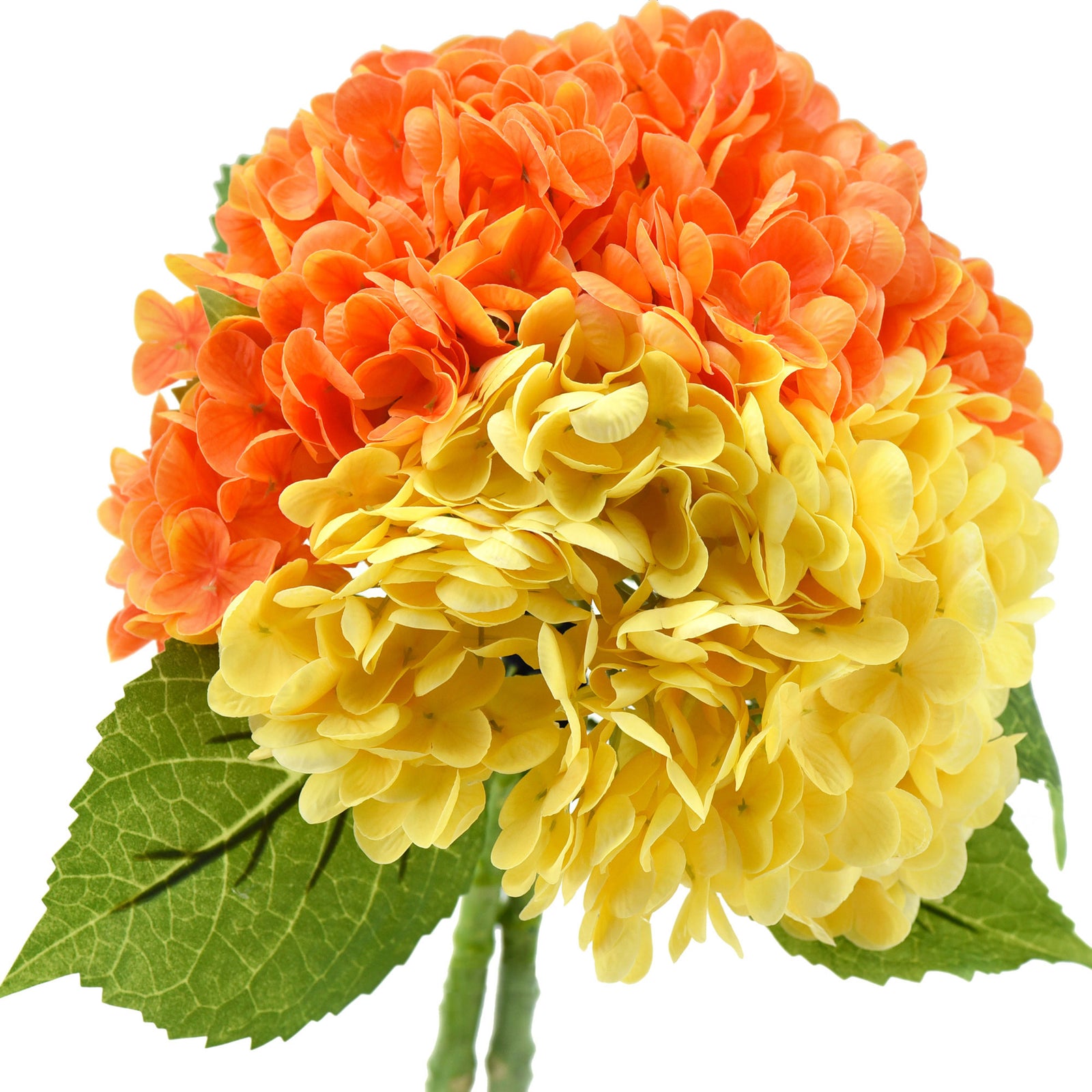 FiveSeasonStuff 2 Stems Real Touch Petals and Leaves Artificial Hydrangea Flowers Long Stem Floral Arrangement | for Wedding Bridal Party Home Décor DIY Floral Decoration (Yellow | Orange)