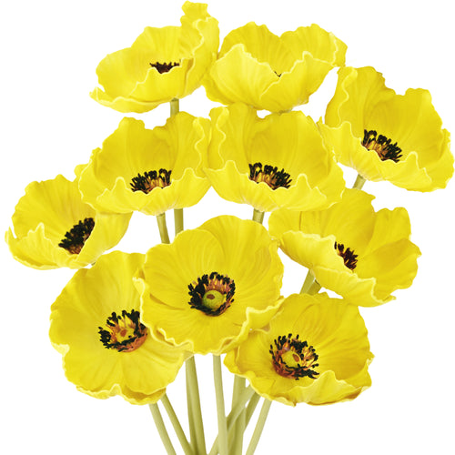 FiveSeasonStuff Yellow Real Touch Artificial Poppy Flowers Home Decoration Remembrance Day 10 Stems 12.6'' (32cm)