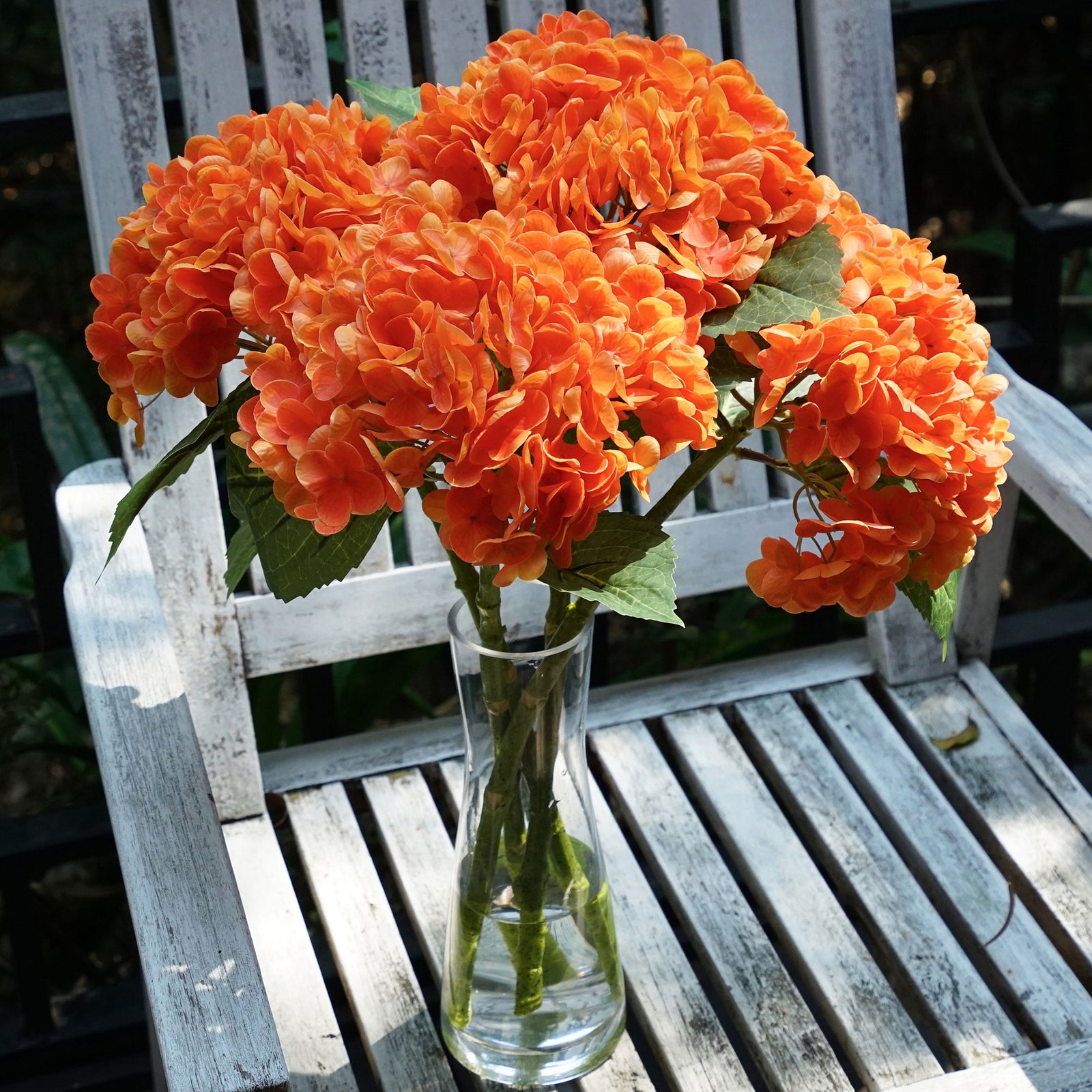 FiveSeasonStuff 2 Stems Real Touch Petals and Leaves Artificial Hydrangea Flowers Long Stem Floral Arrangement | for Wedding Bridal Party Home Décor DIY Floral Decoration (Orange)