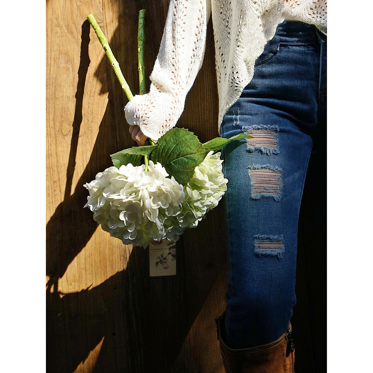 FiveSeasonStuff 2 Stems Real Touch Petals and Leaves Artificial Hydrangea Flowers Long Stem Floral Arrangement | for Wedding Bridal Party Home Décor DIY Floral Decoration (White | Pale Green)