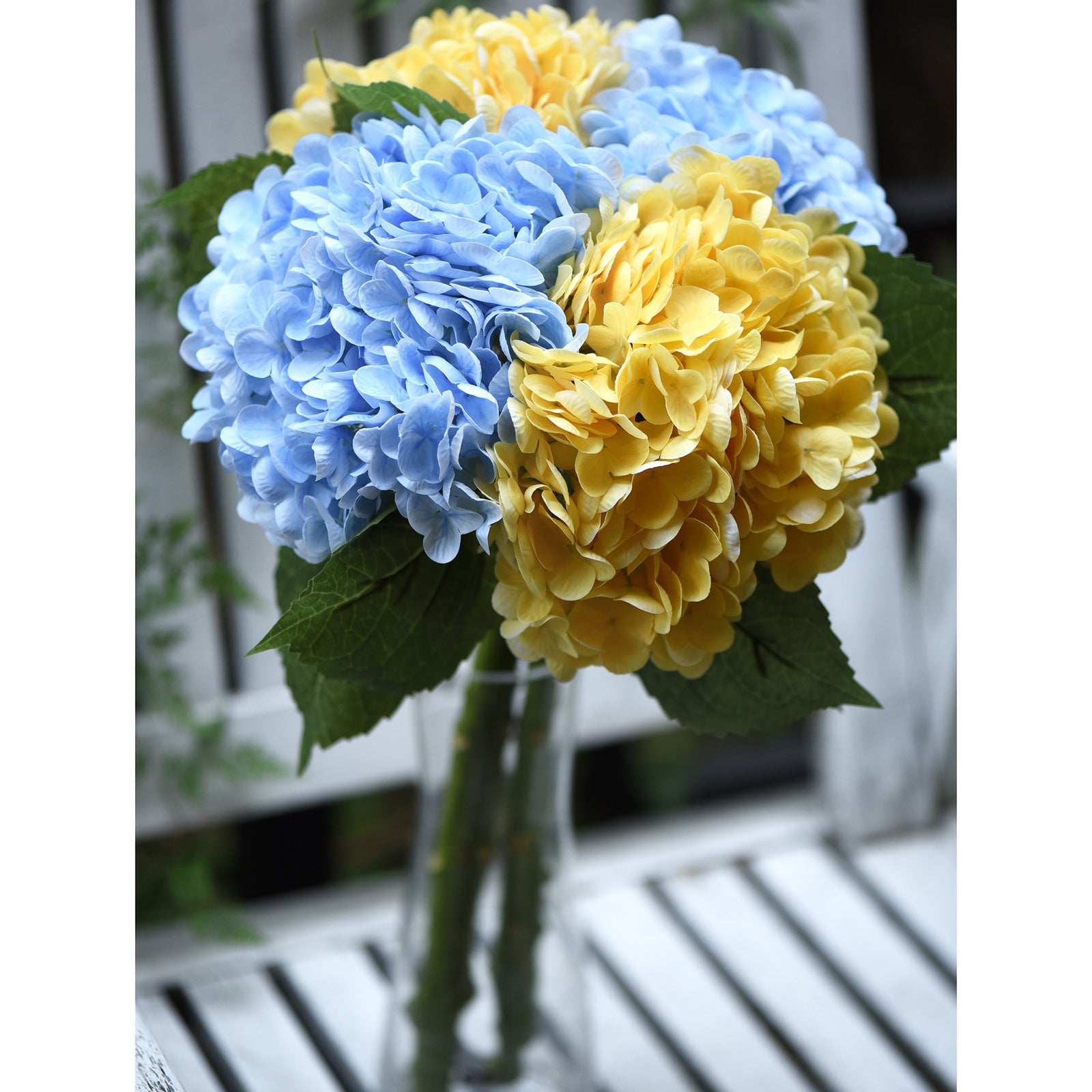 FiveSeasonStuff 2 Stems Real Touch Petals and Leaves Artificial Hydrangea Flowers Long Stem Floral Arrangement | for Wedding Bridal Party Home Décor DIY Floral Decoration (Blue | Yellow)