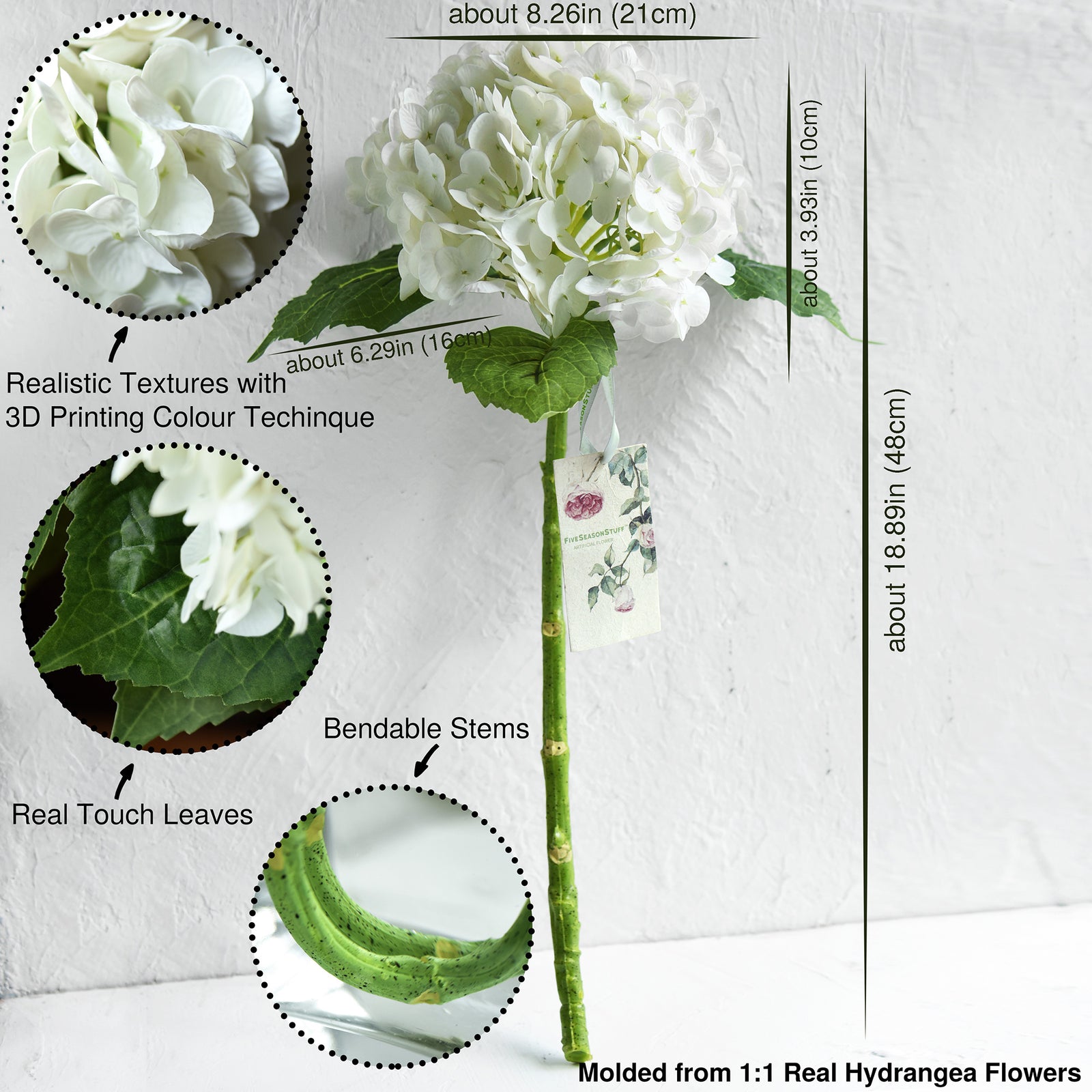 FiveSeasonStuff 2 Stems Real Touch Petals and Leaves Artificial Hydrangea Flowers Long Stem Floral Arrangement | for Wedding Bridal Party Home Décor DIY Floral Decoration (White)