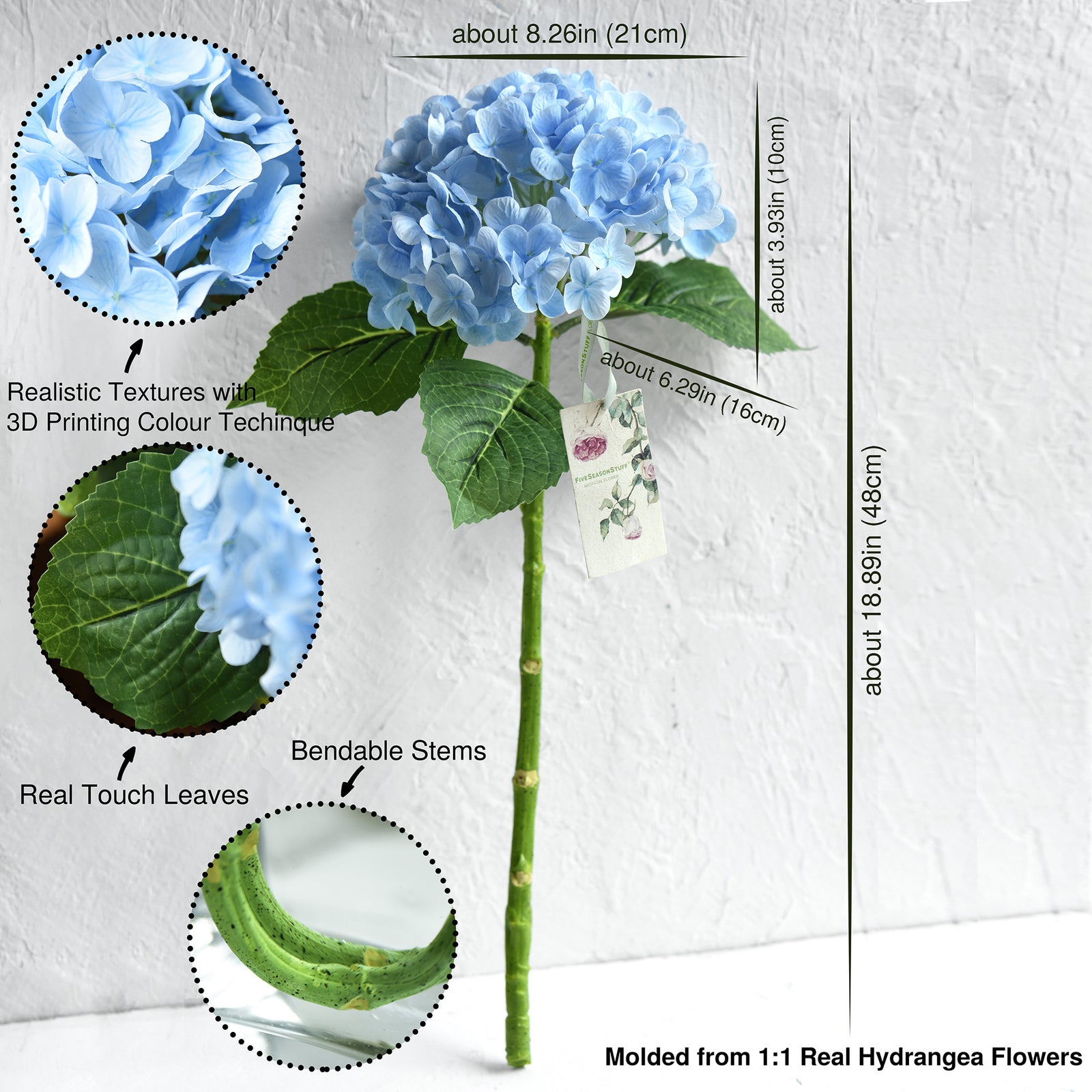 FiveSeasonStuff 2 Stems Real Touch Petals and Leaves Artificial Hydrangea Flowers Long Stem Floral Arrangement | for Wedding Bridal Party Home Décor DIY Floral Decoration (Blue)