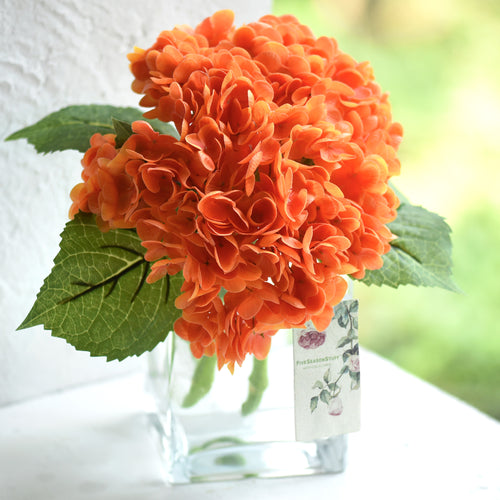 FiveSeasonStuff 2 Stems Real Touch Petals and Leaves Artificial Hydrangea Flowers Long Stem Floral Arrangement | for Wedding Bridal Party Home Décor DIY Floral Decoration (Orange)