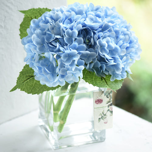 FiveSeasonStuff 2 Stems Real Touch Petals and Leaves Artificial Hydrangea Flowers Long Stem Floral Arrangement | for Wedding Bridal Party Home Décor DIY Floral Decoration (Blue)