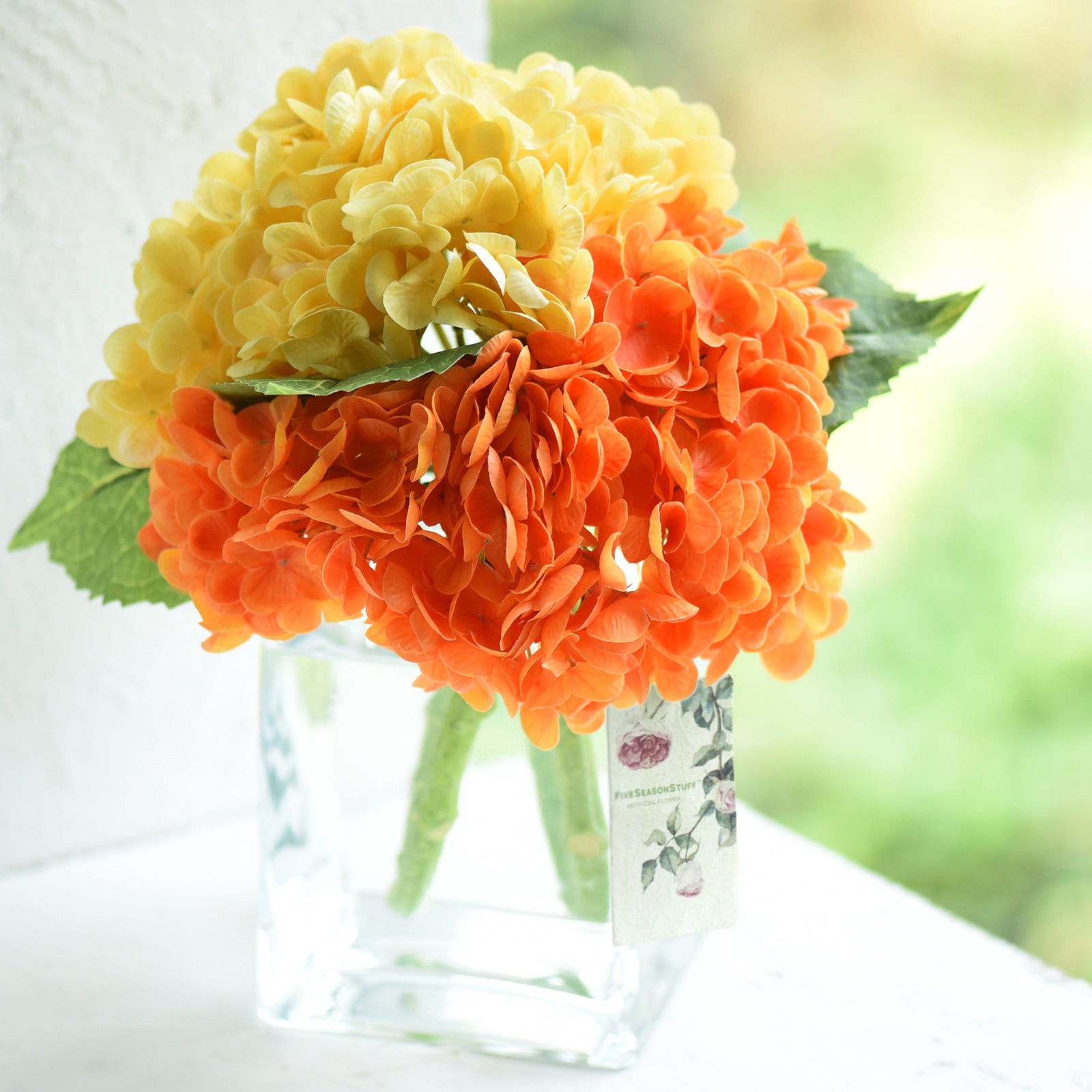 FiveSeasonStuff 2 Stems Real Touch Petals and Leaves Artificial Hydrangea Flowers Long Stem Floral Arrangement | for Wedding Bridal Party Home Décor DIY Floral Decoration (Yellow | Orange)