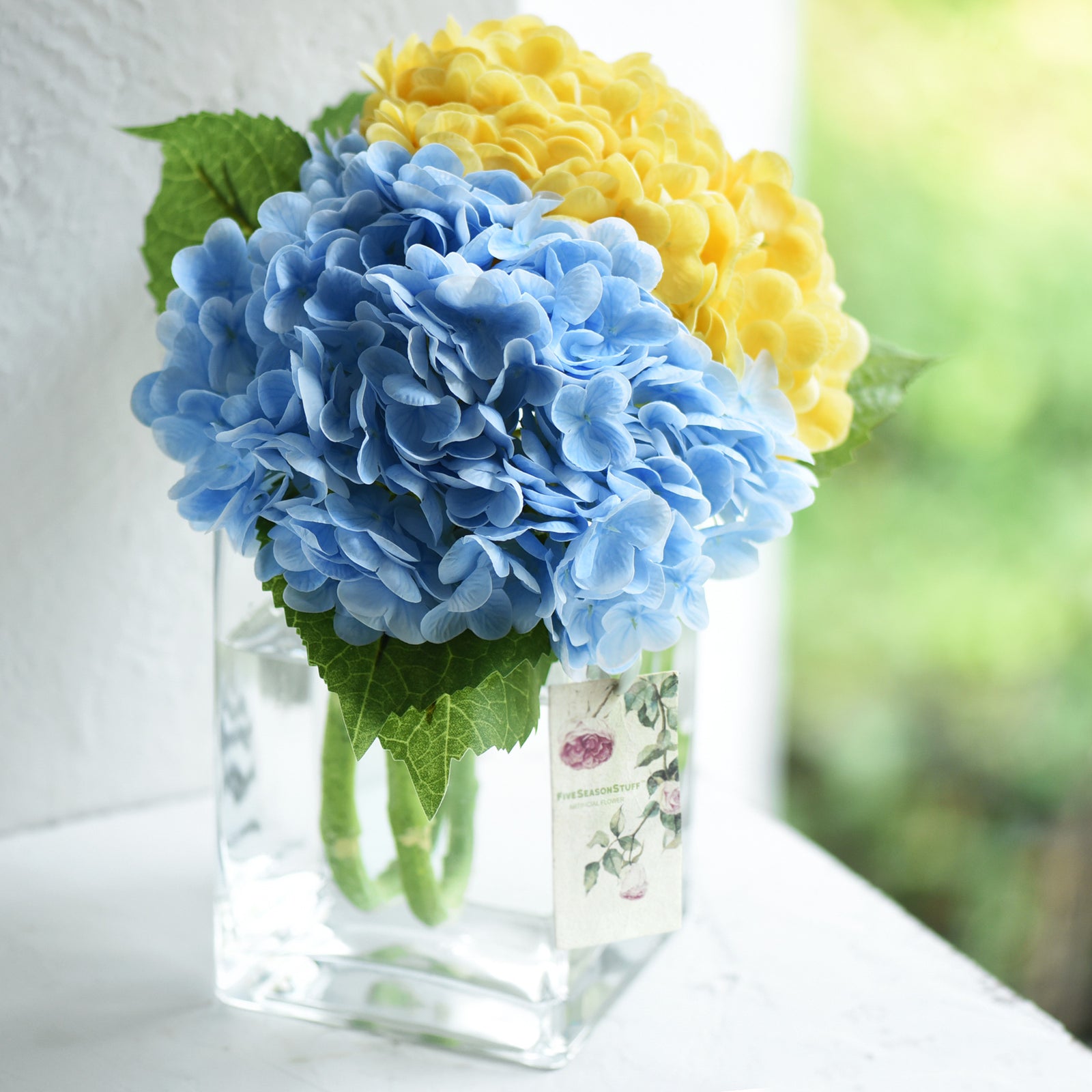 FiveSeasonStuff 2 Stems Real Touch Petals and Leaves Artificial Hydrangea Flowers Long Stem Floral Arrangement | for Wedding Bridal Party Home Décor DIY Floral Decoration (Blue | Yellow)