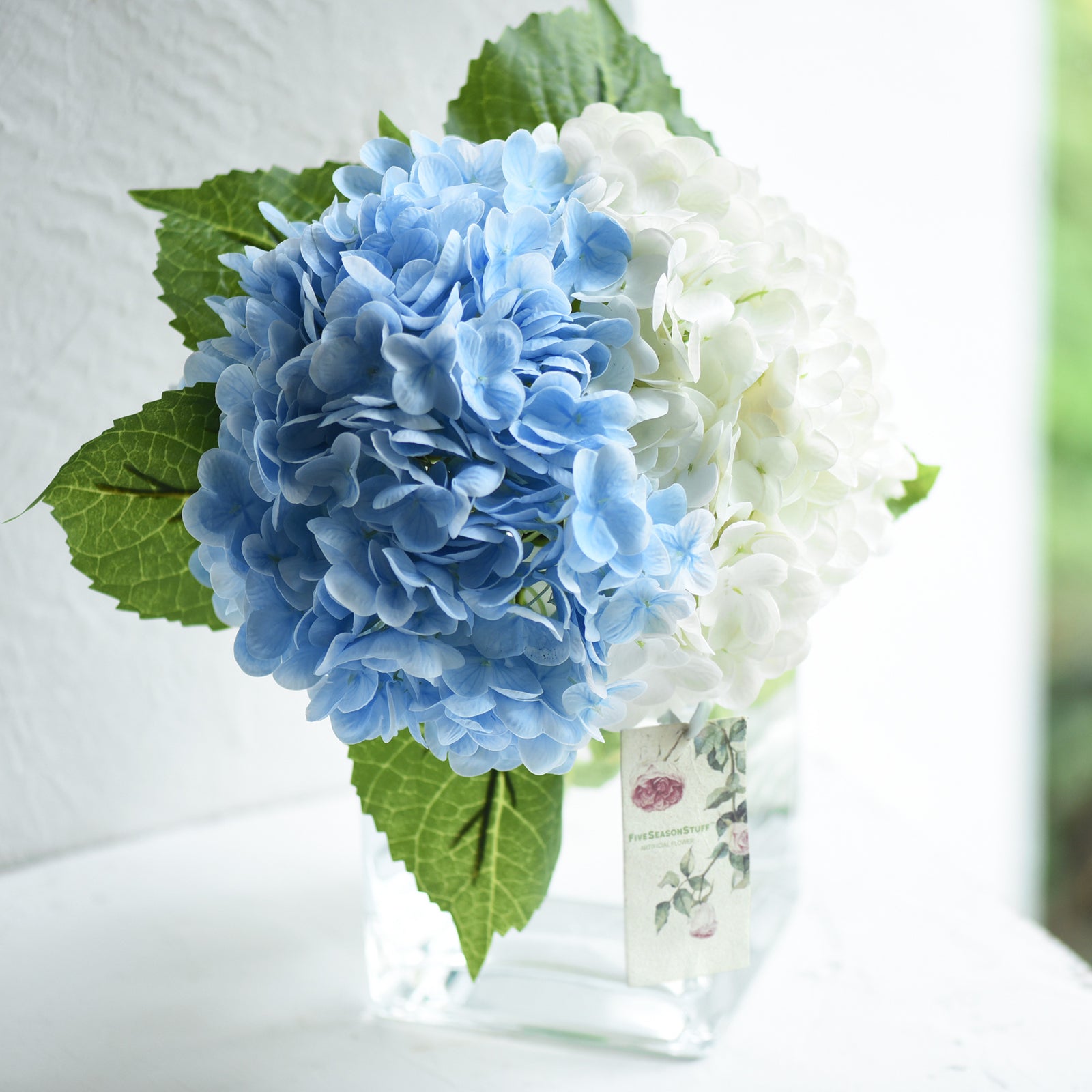 FiveSeasonStuff 2 Stems Real Touch Petals and Leaves Artificial Hydrangea Flowers Long Stem Floral Arrangement | for Wedding Bridal Party Home Décor DIY Floral Decoration (White | Blue)