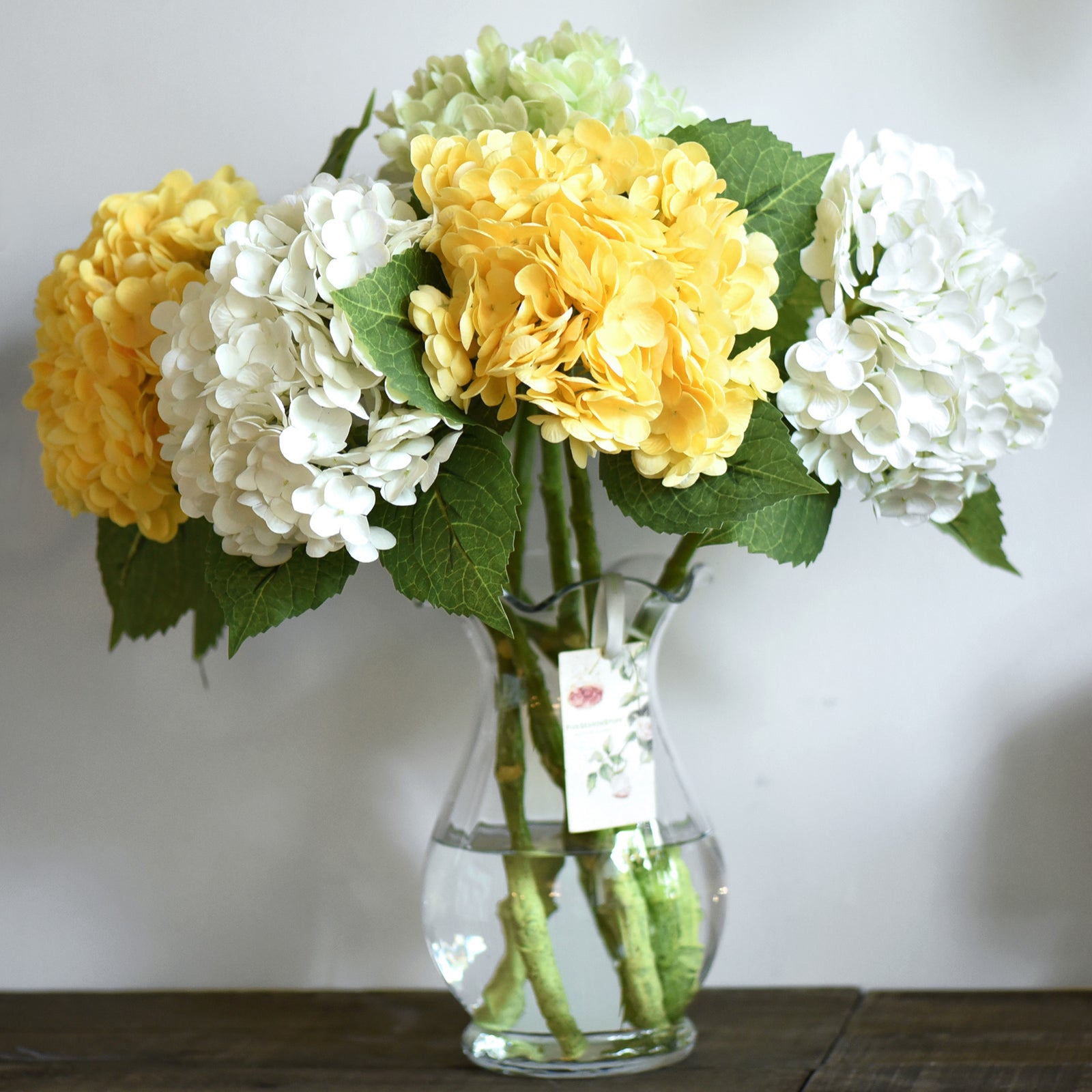FiveSeasonStuff 2 Stems Real Touch Petals and Leaves Artificial Hydrangea Flowers Long Stem Floral Arrangement | for Wedding Bridal Party Home Décor DIY Floral Decoration (Yellow)