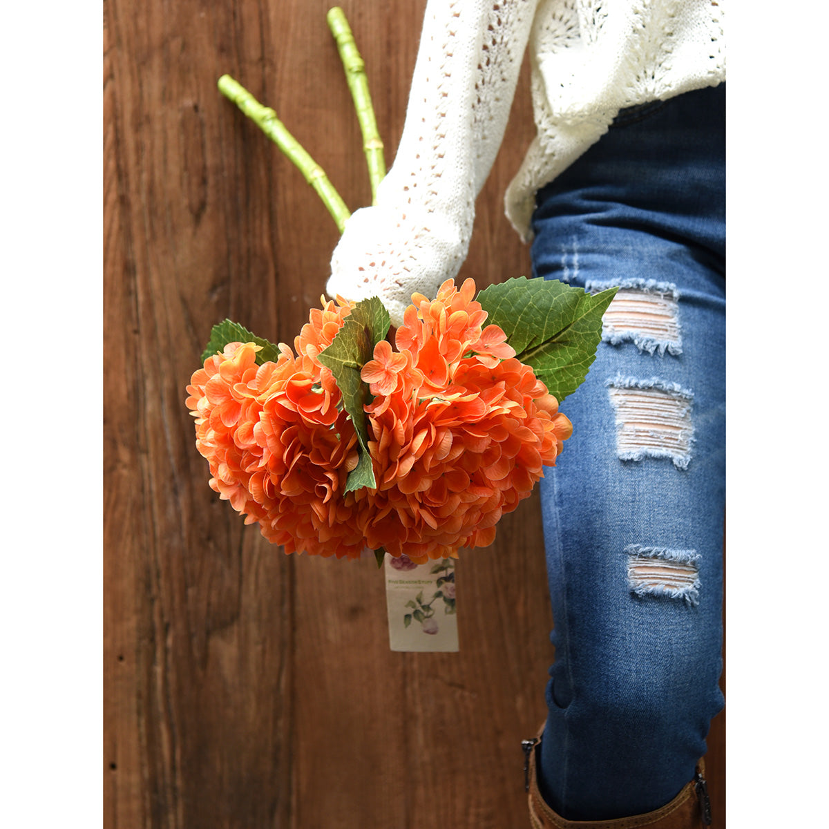 FiveSeasonStuff 2 Stems Real Touch Petals and Leaves Artificial Hydrangea Flowers Long Stem Floral Arrangement | for Wedding Bridal Party Home Décor DIY Floral Decoration (Orange)