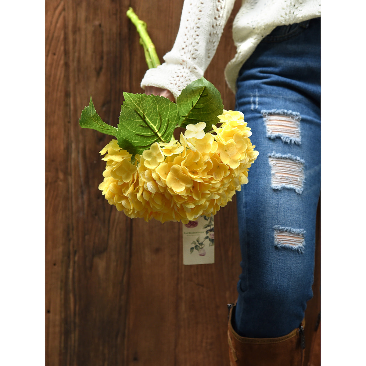 FiveSeasonStuff 2 Stems Real Touch Petals and Leaves Artificial Hydrangea Flowers Long Stem Floral Arrangement | for Wedding Bridal Party Home Décor DIY Floral Decoration (Yellow)