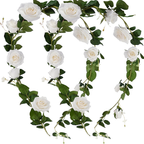 FiveSeasonStuff 2 Pcs Bendable Flower Garland Artificial Silk Rose Vine Leaves Hanging Face Flowers for Wall Decoration, Wreaths (White)